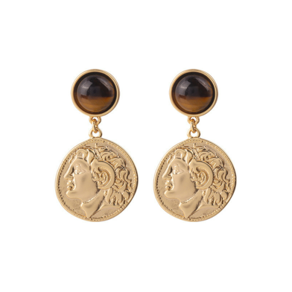 French vintage medieval earrings with embossed and gold coin inlaid designs - Image 4