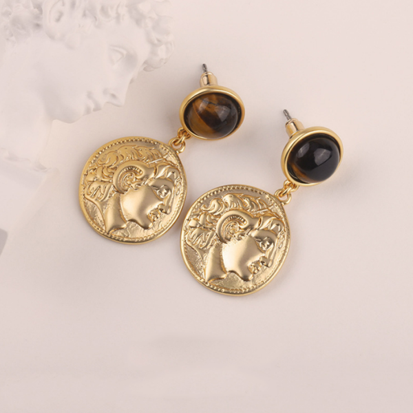 French vintage medieval earrings with embossed and gold coin inlaid designs - Image 3