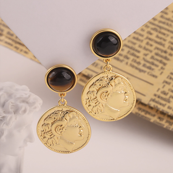 French vintage medieval earrings with embossed and gold coin inlaid designs