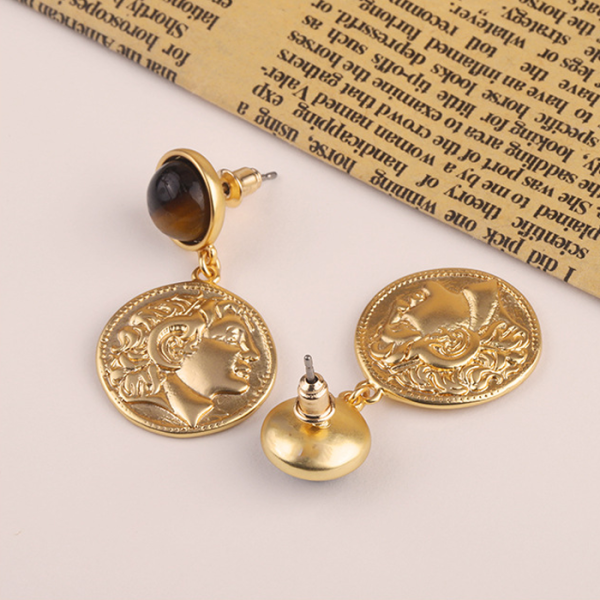 French vintage medieval earrings with embossed and gold coin inlaid designs - Image 2