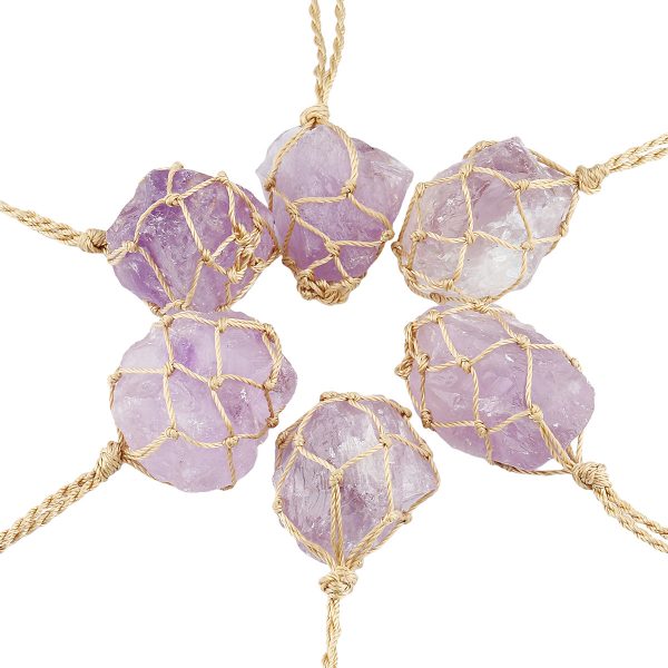 Irregular pendant necklace made from natural crystal rough stones. It features natural amethyst and rose quartz, with an adjustable hemp rope, presenting a simple and stylish look - Image 2