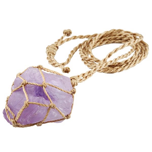 Irregular pendant necklace made from natural crystal rough stones. It features natural amethyst and rose quartz, with an adjustable hemp rope, presenting a simple and stylish look - Image 3