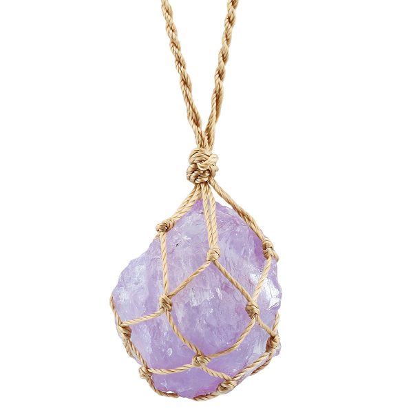 Irregular pendant necklace made from natural crystal rough stones. It features natural amethyst and rose quartz, with an adjustable hemp rope, presenting a simple and stylish look