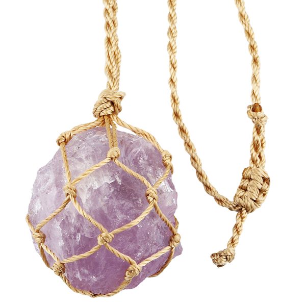 Irregular pendant necklace made from natural crystal rough stones. It features natural amethyst and rose quartz, with an adjustable hemp rope, presenting a simple and stylish look - Image 4