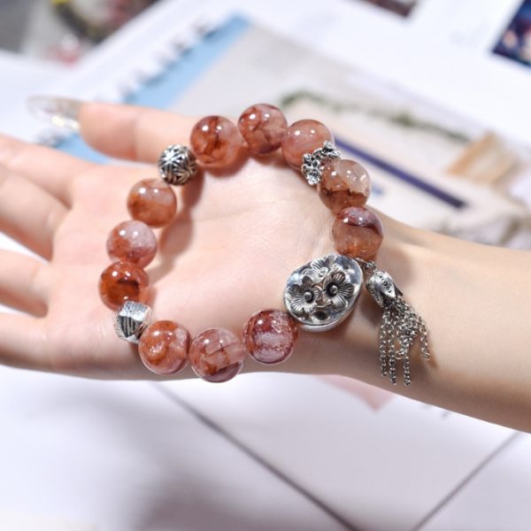 Original designed red rutilated quartz crystal bead bracelet, a niche and high-end piece with color-preserving alloy accessories and tassels, red crystal bracelet - Image 4