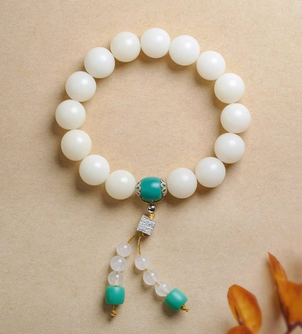 White Jade Bodhi Root Hand String - Green Colored Glass Version.