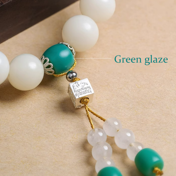 White Jade Bodhi Root Hand String - Green Colored Glass Version. - Image 2