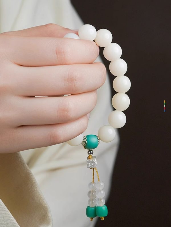 White Jade Bodhi Root Hand String - Green Colored Glass Version. - Image 3