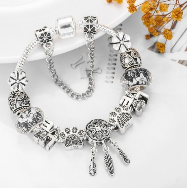 European silver dream catcher charming ladies' bracelet, DIY crystal LOVE heart-shaped and cat paw beaded bracelet accessories