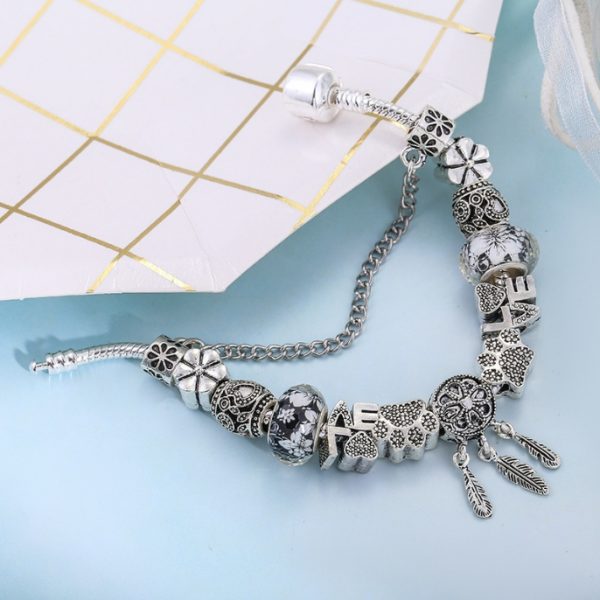 European silver dream catcher charming ladies' bracelet, DIY crystal LOVE heart-shaped and cat paw beaded bracelet accessories - Image 3