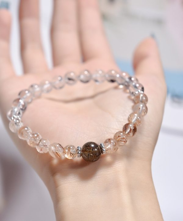 Natural black gold Super Seven single-strand bracelet paired with Herkimer diamond, mainly for the third chakra and backbone. It's a versatile and fashionable jewelry bead bracelet for women - Image 3