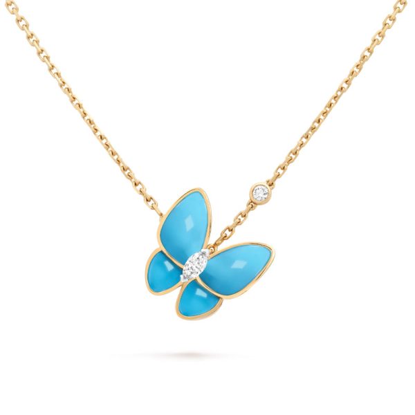 A necklace with a blue butterfly pendant made of 925 sterling silver, plated with 18K rose gold and inlaid with turquoise