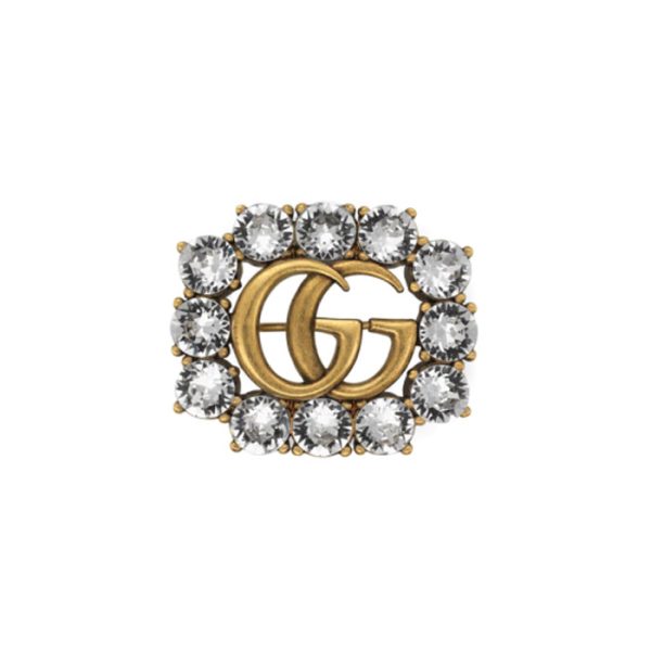 GUCCI Women's Brooch with Double G and Imitation Crystal Metal [Gift], Vintage Gold