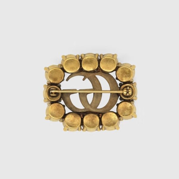 GUCCI Women's Brooch with Double G and Imitation Crystal Metal [Gift], Vintage Gold - Image 2