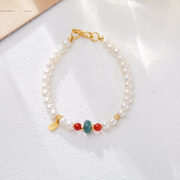 Natural freshwater pearl set, including a blue jadeite bracelet, a ring and earrings, which is a Chinese-style gift. - Image 2