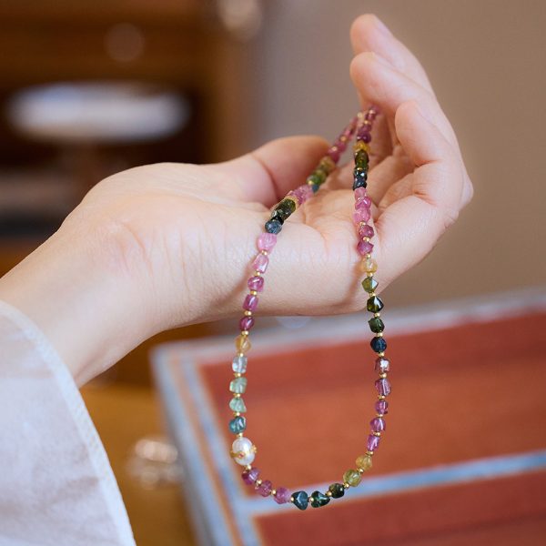 Niche minimalist Chinese-style rainbow necklace, featuring irregular tourmaline and freshwater pearls. Ideal couple's gift - Image 3