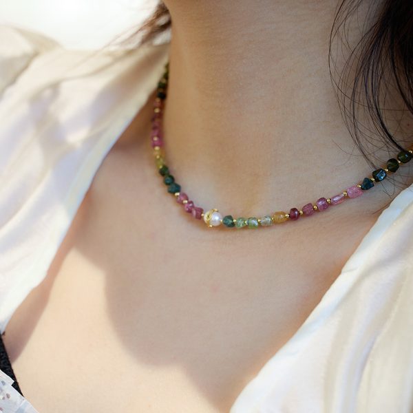 Niche minimalist Chinese-style rainbow necklace, featuring irregular tourmaline and freshwater pearls. Ideal couple's gift - Image 2