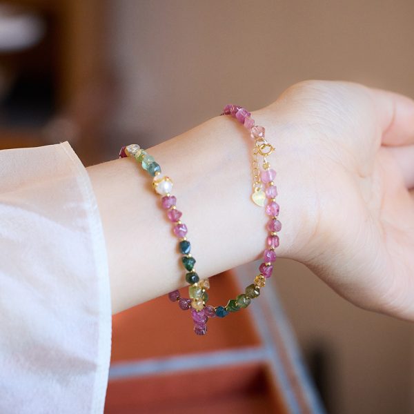 Niche minimalist Chinese-style rainbow necklace, featuring irregular tourmaline and freshwater pearls. Ideal couple's gift - Image 4