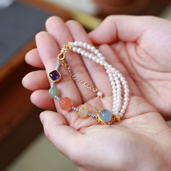 Duobao Braided Bracelet Half Pearl Duobao Bracelet Aquamarine Amethyst Nanhong Lotus Accessories, Jewelry Bracelet - Image 4