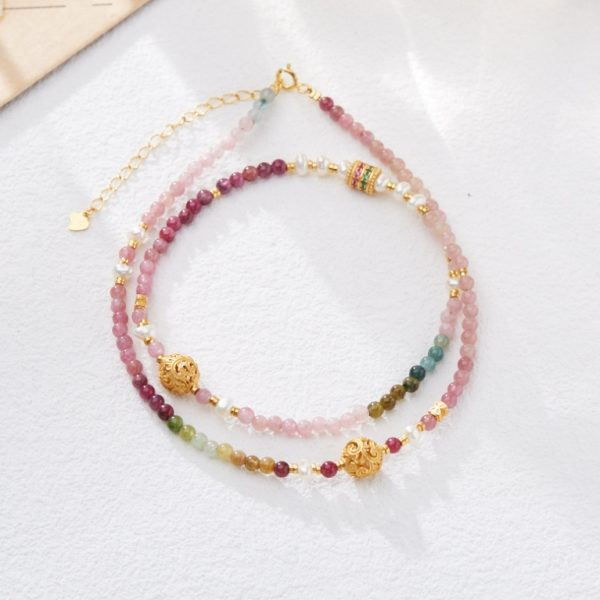 Natural tourmaline necklace for women. S925 silver Five Meridians open-work necklace. Rainbow tourmaline crystal and pearl necklace.