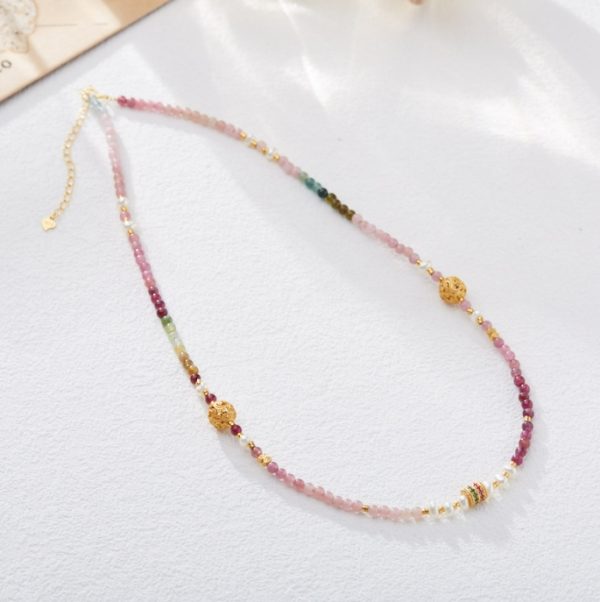 Natural tourmaline necklace for women. S925 silver Five Meridians open-work necklace. Rainbow tourmaline crystal and pearl necklace. - Image 4