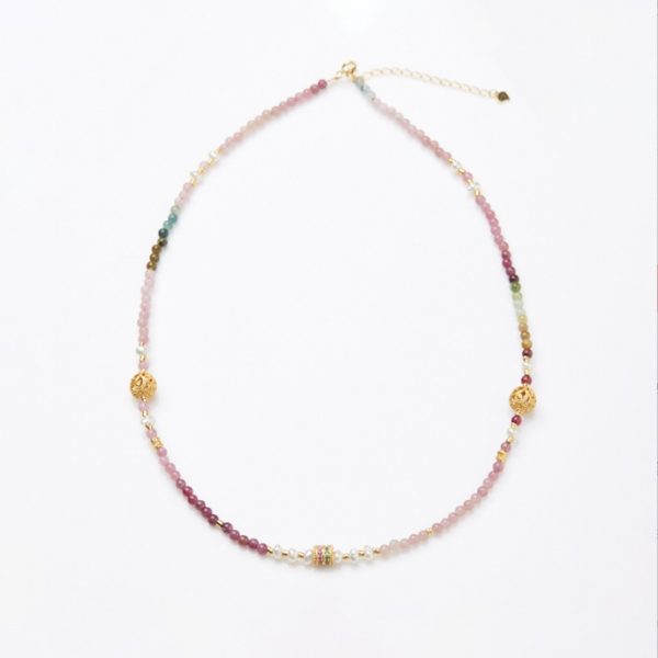 Natural tourmaline necklace for women. S925 silver Five Meridians open-work necklace. Rainbow tourmaline crystal and pearl necklace. - Image 2