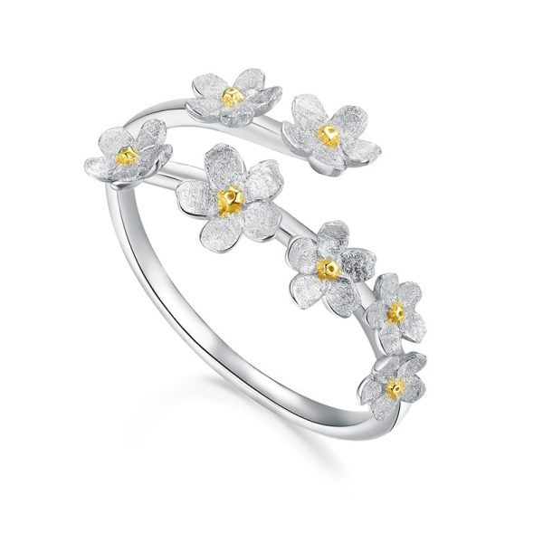 Forget-me-not vertical S925 sterling silver pastoral style handcrafted design best-selling open ring