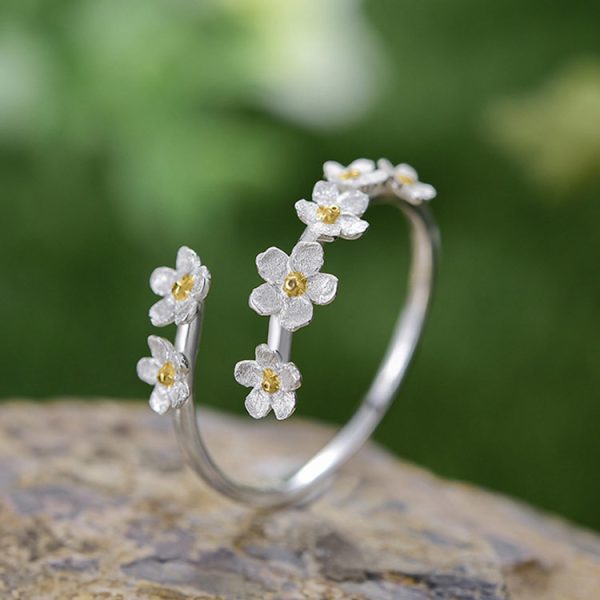 Forget-me-not vertical S925 sterling silver pastoral style handcrafted design best-selling open ring - Image 5