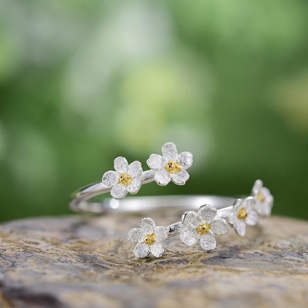 Forget-me-not vertical S925 sterling silver pastoral style handcrafted design best-selling open ring - Image 6
