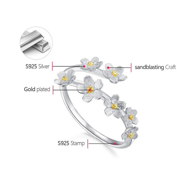 Forget-me-not vertical S925 sterling silver pastoral style handcrafted design best-selling open ring - Image 3
