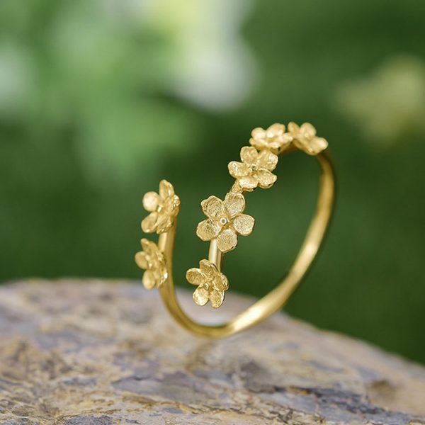 Forget-me-not vertical S925 sterling silver pastoral style handcrafted design best-selling open ring - Image 4