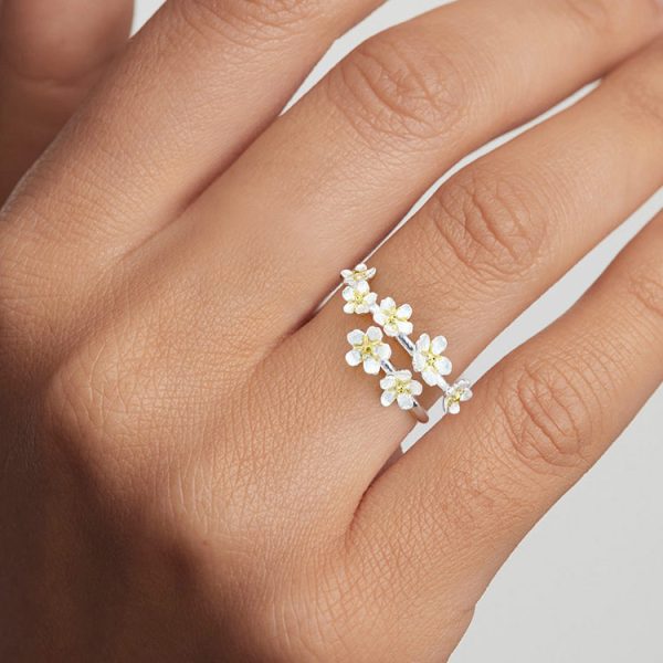 Forget-me-not vertical S925 sterling silver pastoral style handcrafted design best-selling open ring - Image 10