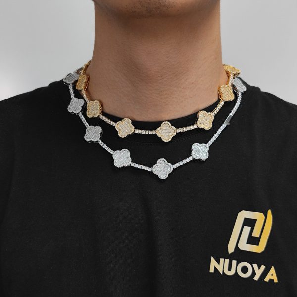High-end and versatile men's tennis necklace with zirconia spring clasp and four-leaf clover design. - Image 2